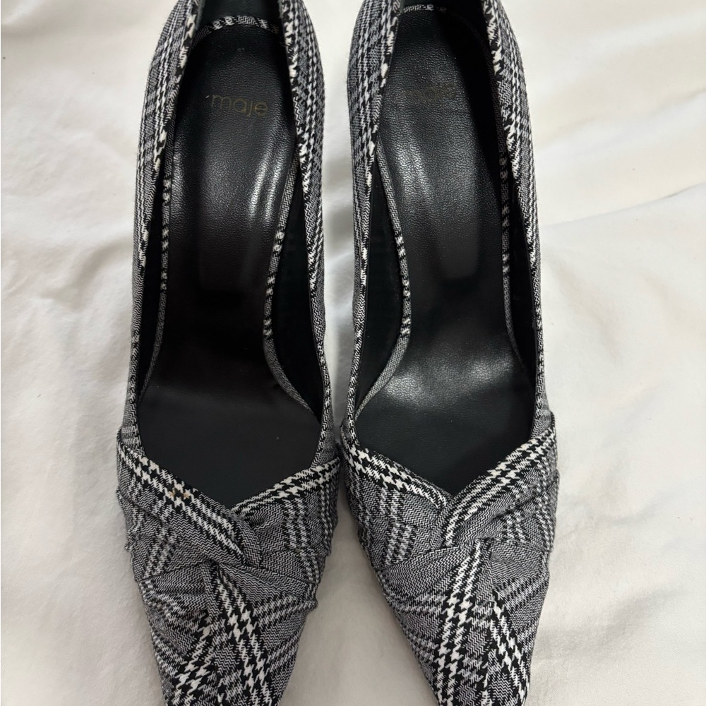 Maje Prince of Wales Twisted Tweed Black and White Heels with Plaid Pattern